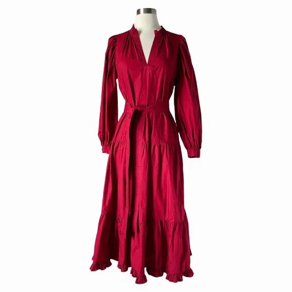 Marie Oliver Mariah Red Cotton Tiered Maxi Dress XS Belted